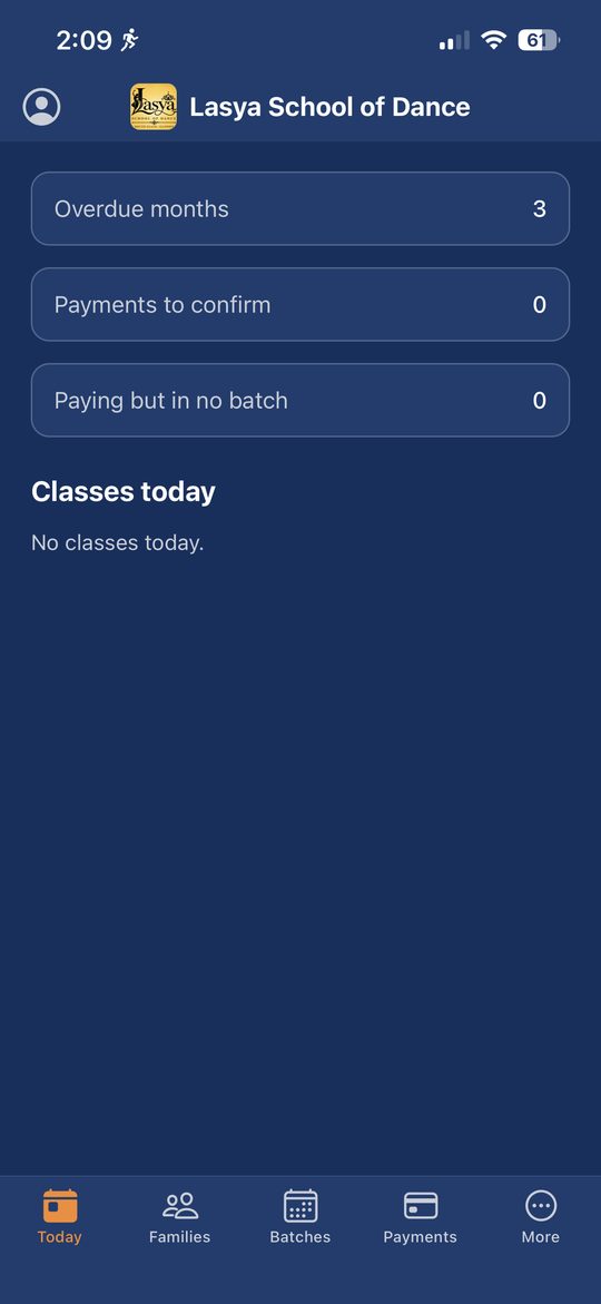 The school admin's Today screen: overdue months and payments to confirm